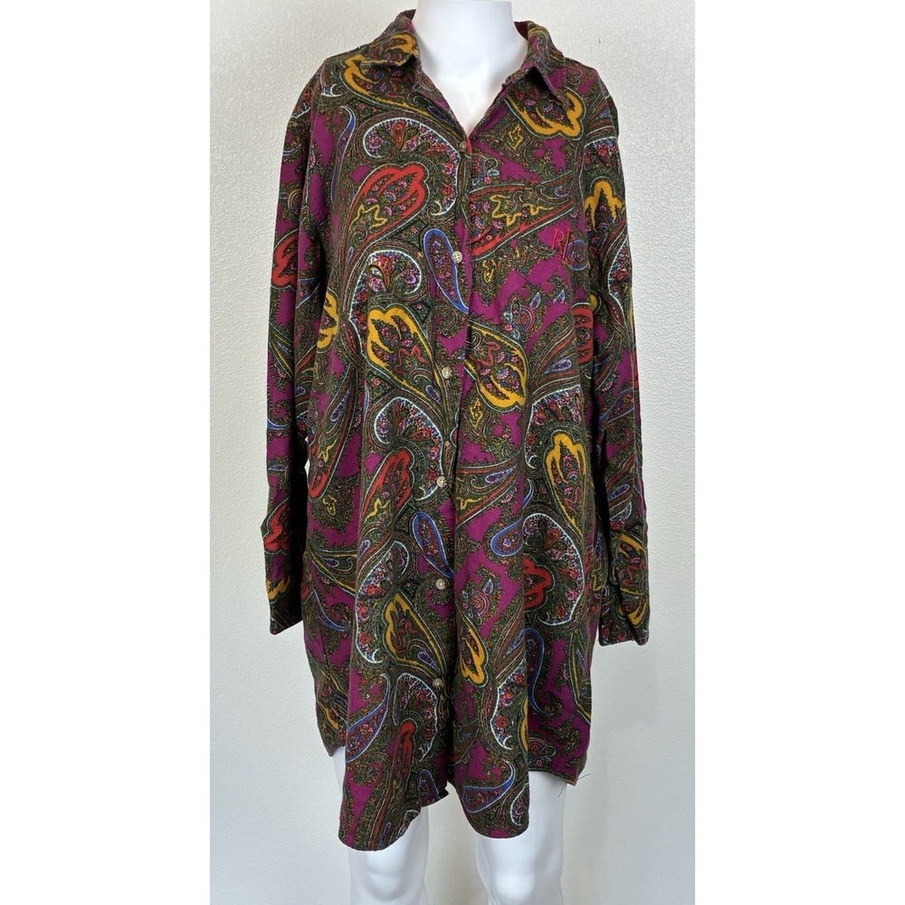 Ralph Lauren Cotton Flannel Pjs Night Shirt Pink Paisley Sleepshirt Nightie L - Picture 1 of 16